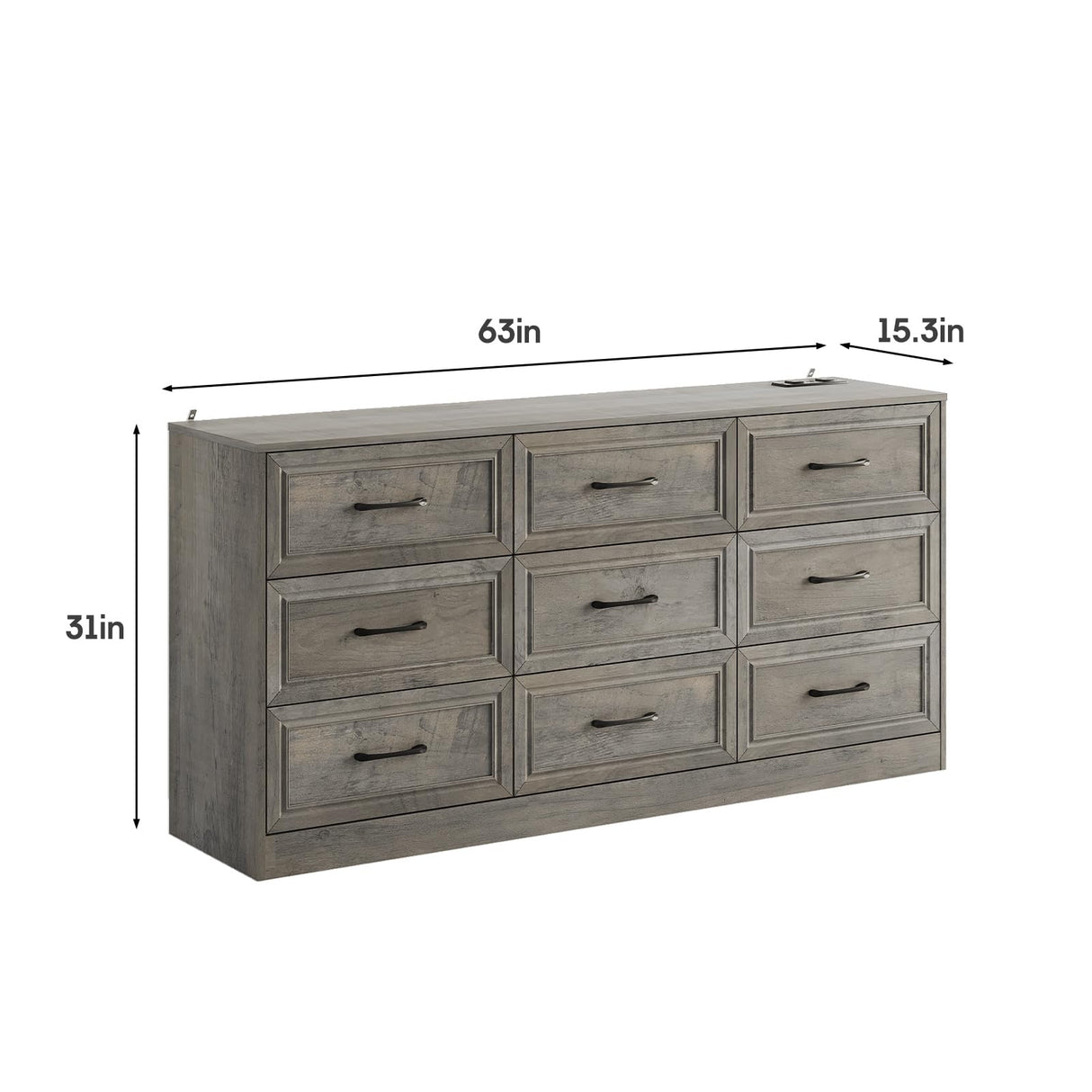 Fameill Dresser for Bedroom, 9 Drawer Wide Dresser Organizer with Charging Station, Tall Dresser for Hallway, Wood Dresser with Metal Handles, Ash Grey Fameill