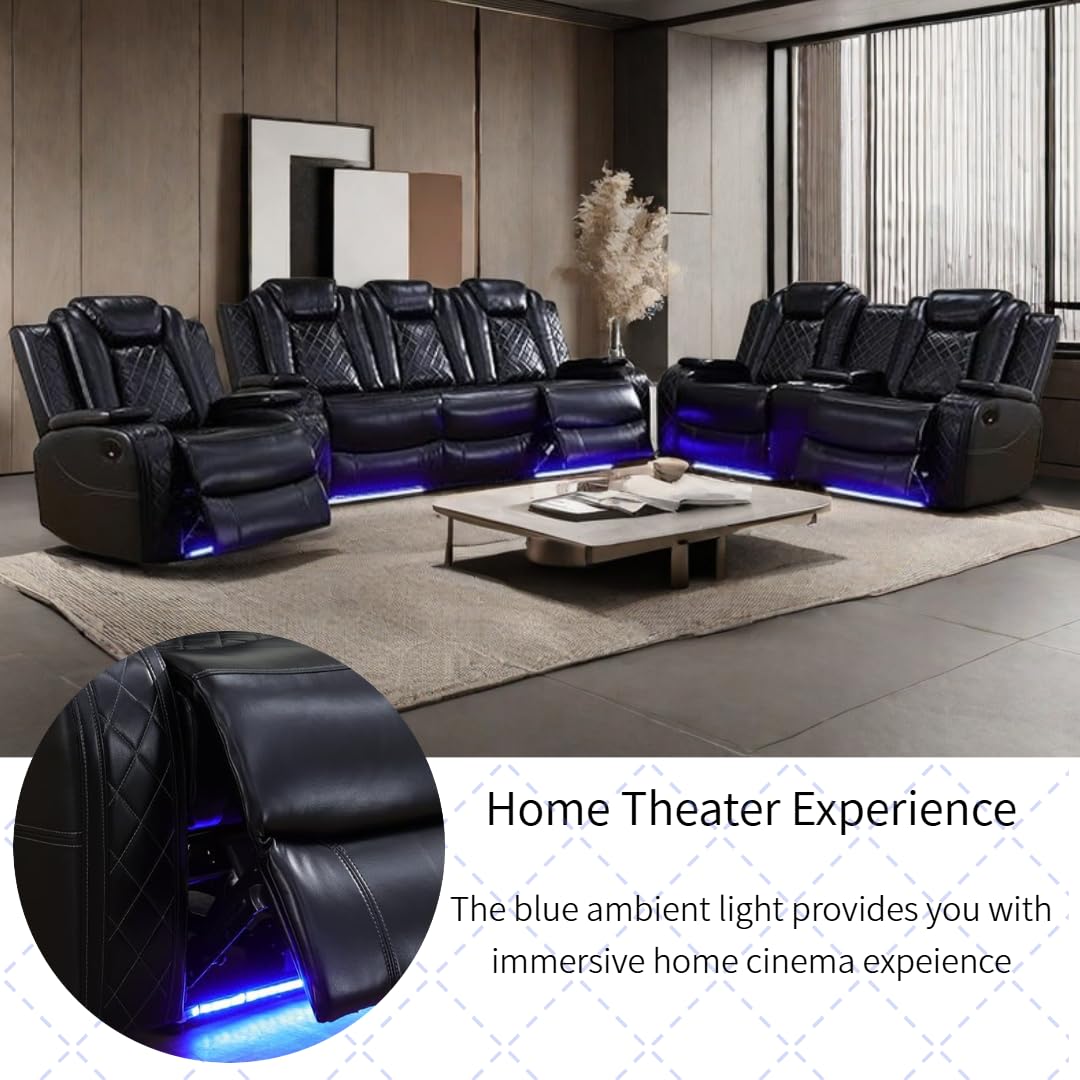 AYCP Furniture Power Recliner Set with LED Lights, Air Leather Reclining Set with USB Port/Wireless Charger/Storage Console/Cup Holder for House/HomeTheater/Apt (Black, Sofa Loveseat Chair) AYCP Furniture