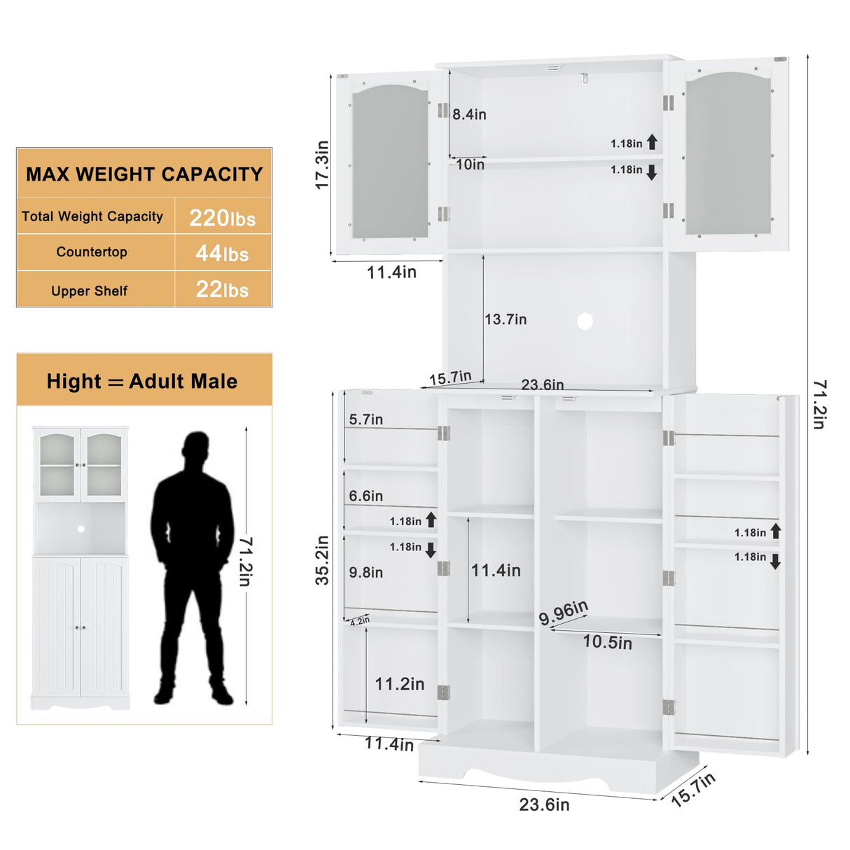 HOSTACK 71'' Pantry Cabinet, Tall Storage Cabinet with Microwave Stand, Freestanding Kitchen Hutch with Doors and Adjustable Shelves, Mordern Food HOSTACK