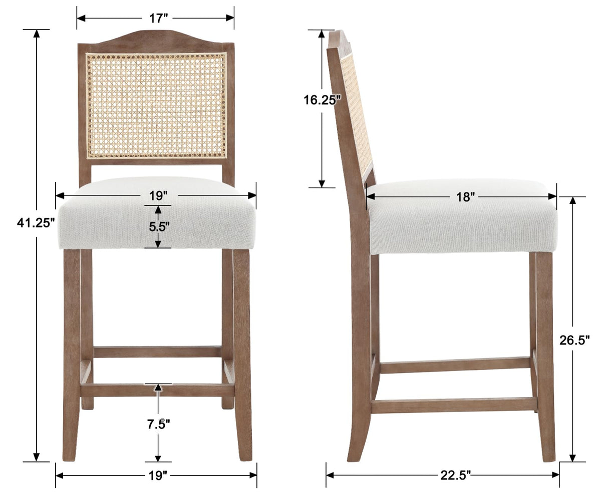 CIMOTA Counter Height Bar Stools Set of 4 Rattan Farmhouse Barstools Mid Century Modern Bar Chairs Upholstered Kitchen Stools with Wood Legs for Island/Dining Room, Linen Beige 26.5In CIMOTA