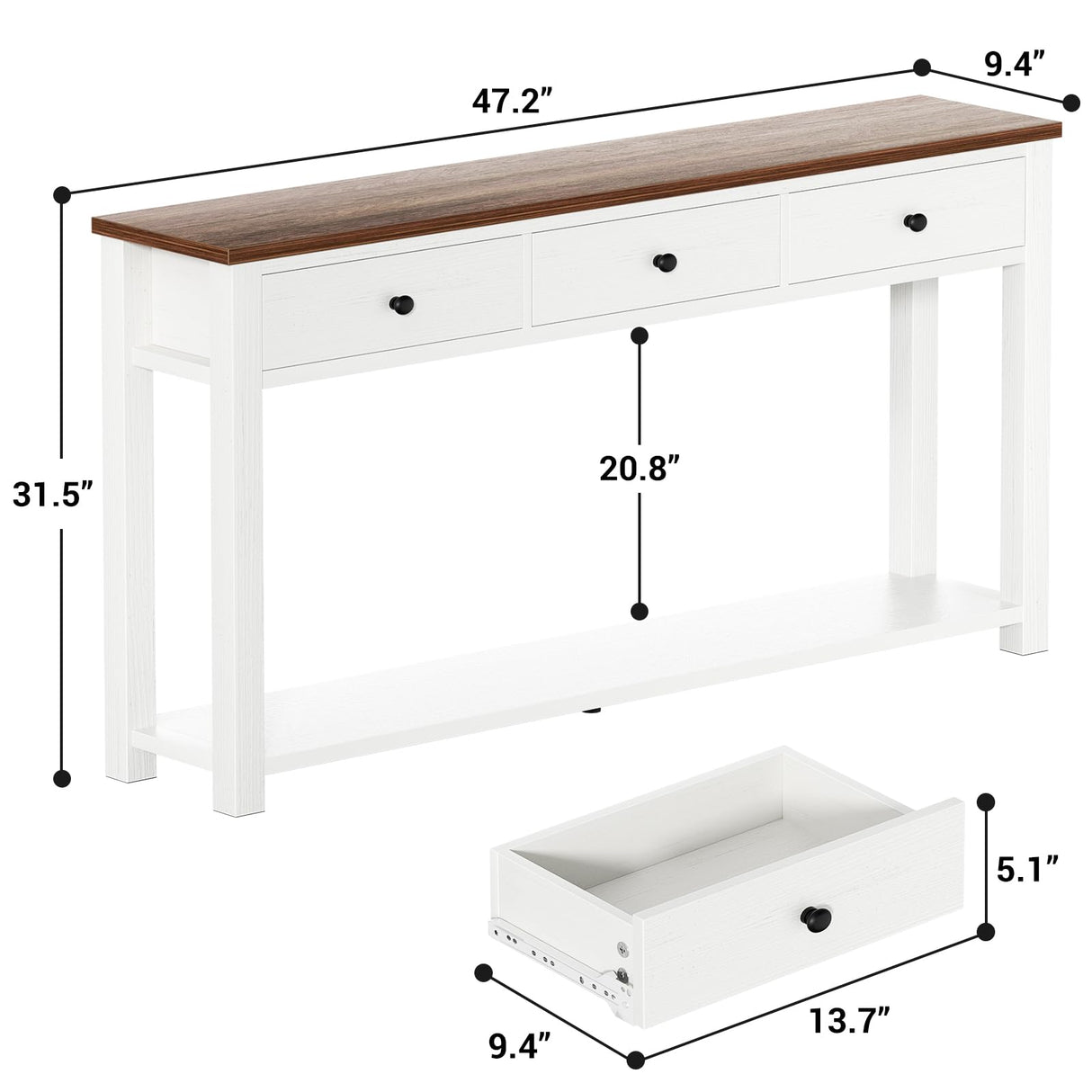 Homieasy Farmhouse Console Table with 3 Drawers, 47 Inch Wood Sofa Table with Storage Shelf for Living Room, Behind Couch, Entryway Table for Hallway, Living Room, or Foyer, Rustic Brown and White Homieasy