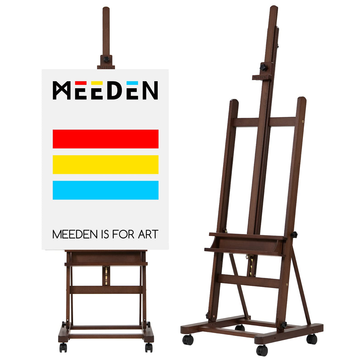 MEEDEN Extra Large Studio H Frame Easel 75" to 146"H, Hold Canvas up to 93", Heavy Duty Adjustable Art Painting Easel, Solid Beech Wood Artist Easel Stand with Storage Tray & 4 Wheels, Light Walnut MEEDEN