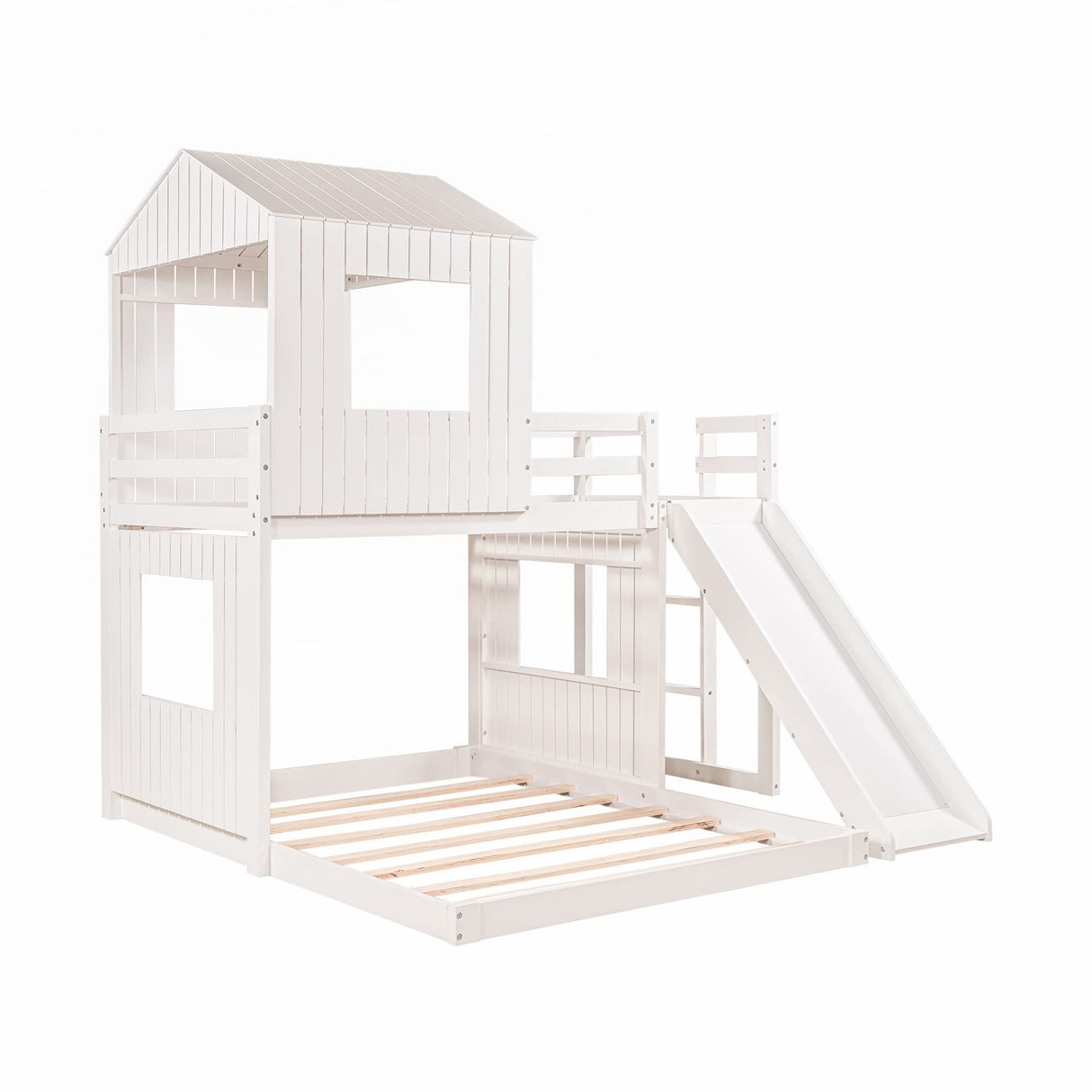 Merax White Twin over Full Bunk Bed with Slide, Safety Guardrails and House Design for Kids Merax