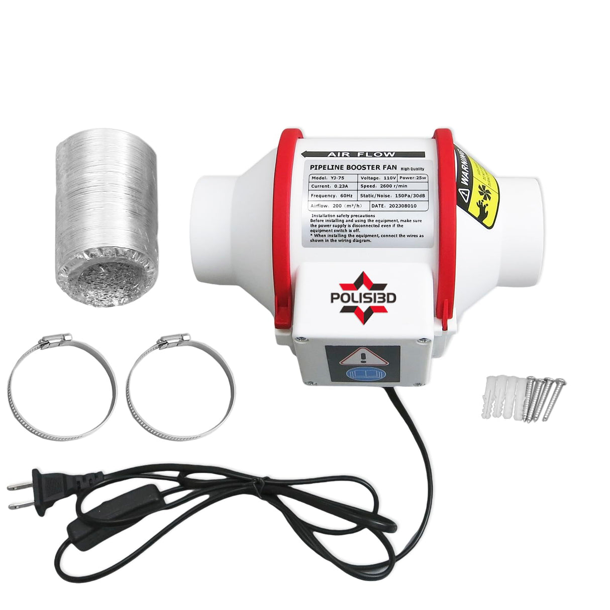 Powerful 3 Inch Inline Duct Ventilation Fan AC Vent Blower Exhaust Fan w/ 1.5M Pipe, Enhanced Air Flow, Low Noise for 3D Printer Enclosure, Laser Engraver Cover,Resin, Greenhouse Ventilation Equipment POLISI3D