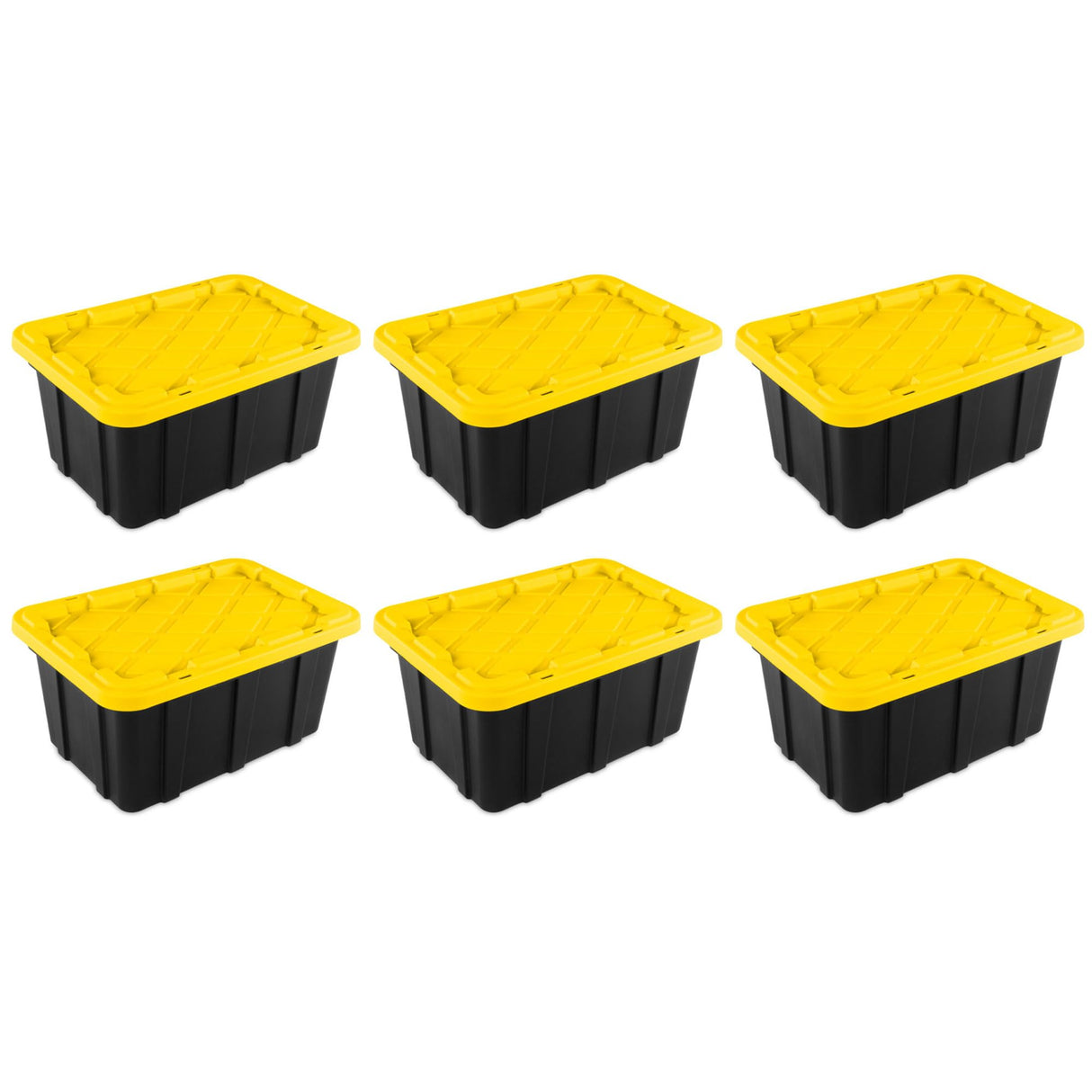 Sterilite 17 Gal Industrial Tote, Stackable Storage Bin with Snap-Fit Lid for Garage, Basement & Attic Storage, Black Base and Yellow Lily Lid, 6-Pack Sterilite