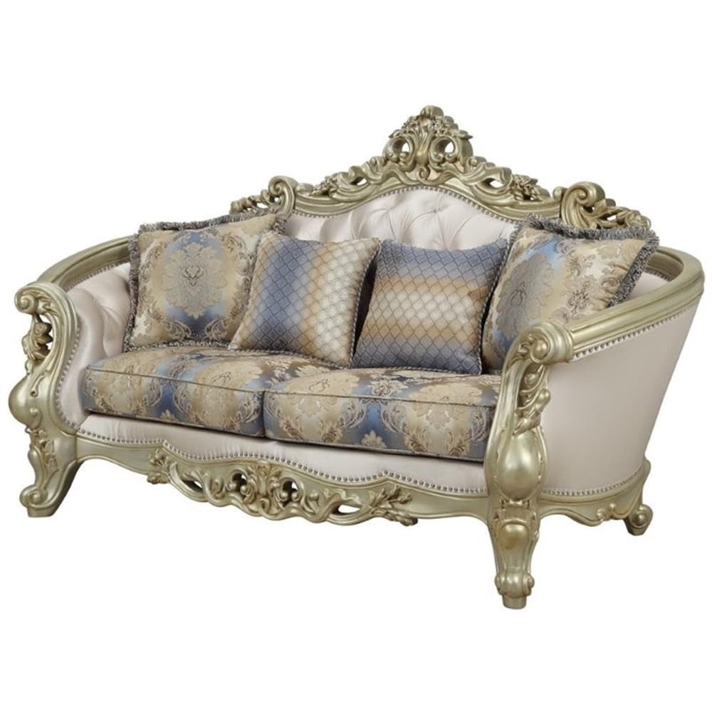 Acme Gorsedd Loveseat with 4 Pillows in Cream Fabric and Golden Ivory Acme
