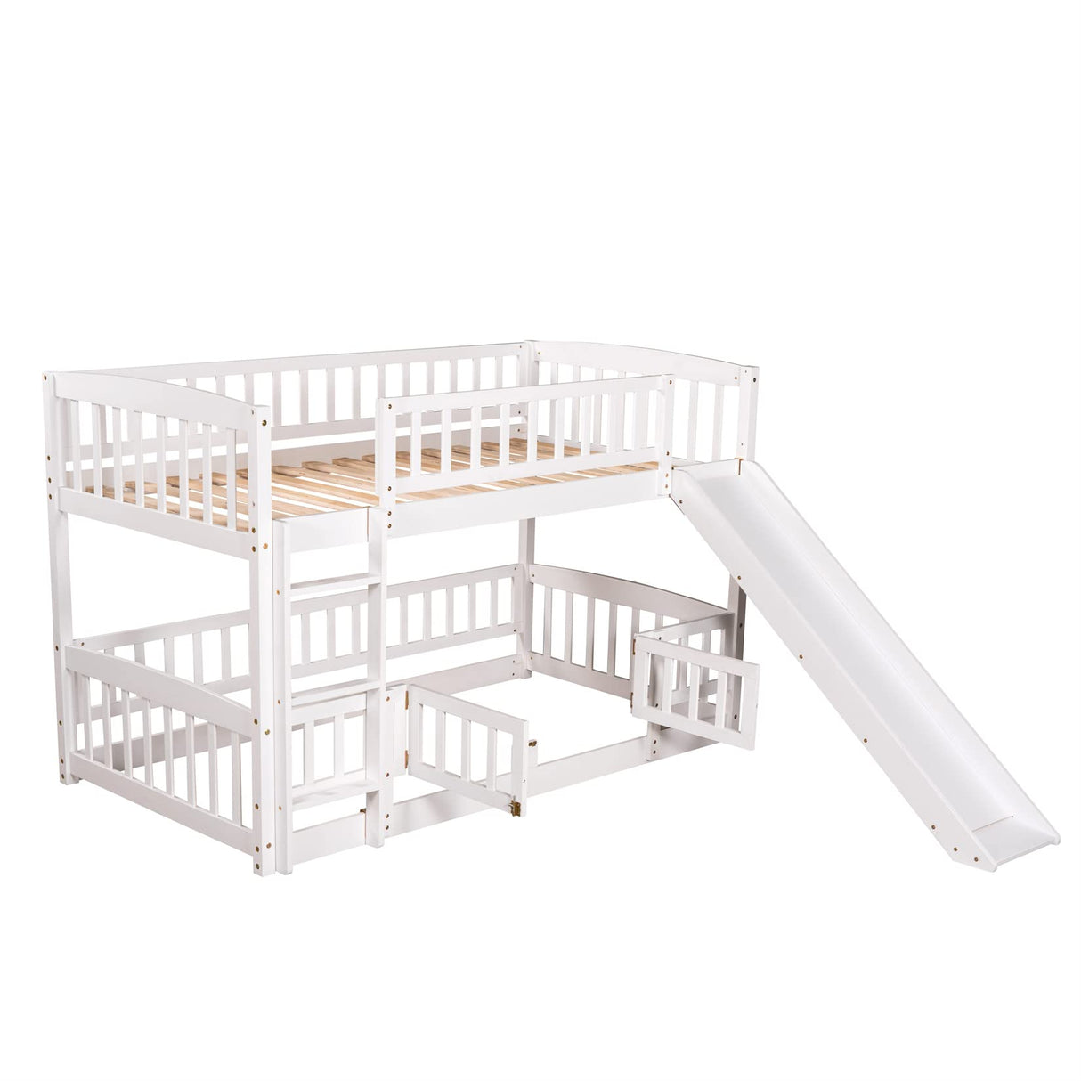Low Bunk Bed with Slide Twin Over Twin Bunk Beds for Kids Toddlers, Wood Floor Beds Frame with Rails for Boys Girls Teens, White Bellemave