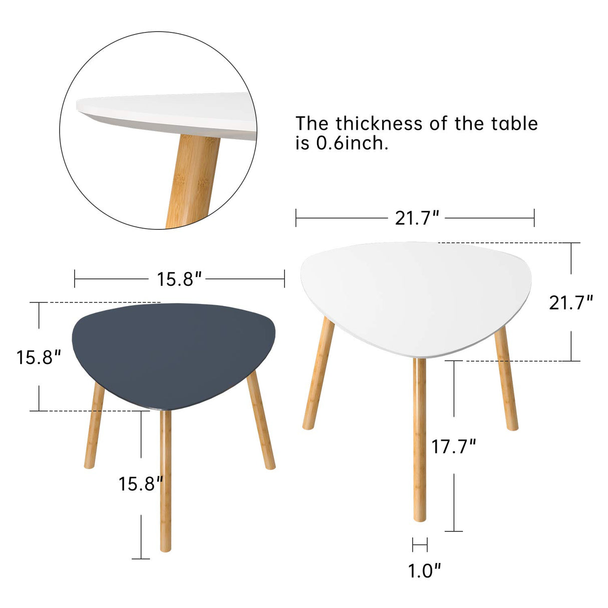Bambloom Bamboo Nesting Coffee Tables - Small Coffee Table for Living Room, Set of 2 Triangle End Table Modern Side Table for Bedroom Apartment Balcony Yard Small Spaces, (White & Gray) Bambloom