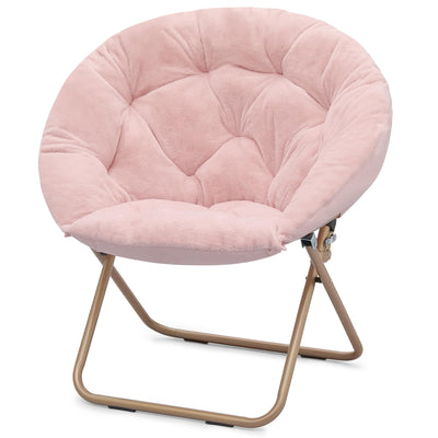 Athena Collection Comfy Saucer Chair Folding Cozy Chair for Bed Room Living Room Accent Chair Faux Fur Reading Chair Foldable Metal Frame Lazy Chair Moon Chair for Adult, Pink