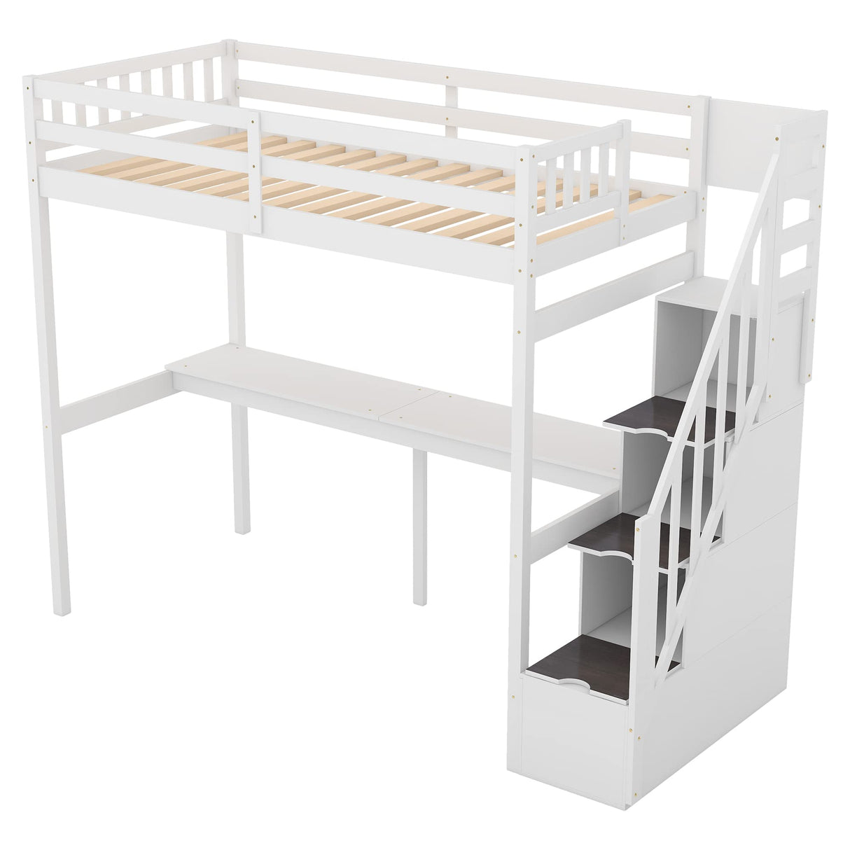 SOFTSEA Twin Loft Bed with Integrated Desk and Storage Stairs in White SOFTSEA
