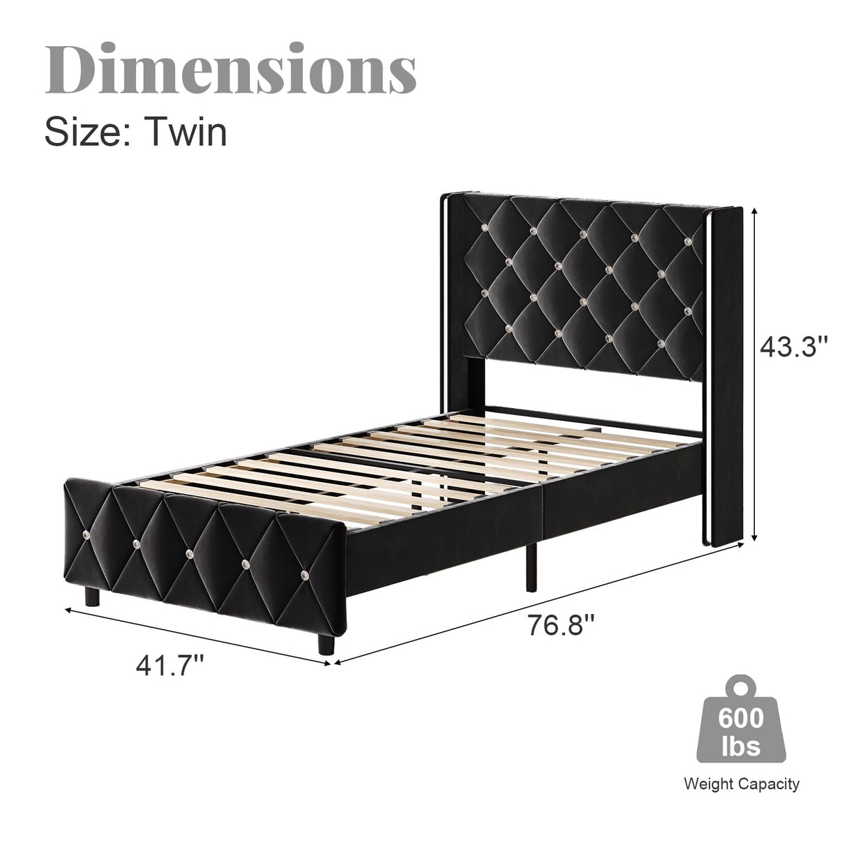 Twin Bed Frames, Upholstered Platform Bed Twin Size with Diamond Tufted Headboard, Modern Velvet Bed Frame with Wingback Design, No Box Spring Needed, Easy Assembly, Black HOMBCK