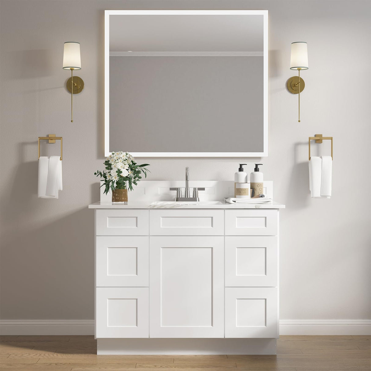 ROOMTEC 42'' Shaker White Free Standing Bathroom Vanity with 6 Drawers and Soft-Close Door ROOMTEC