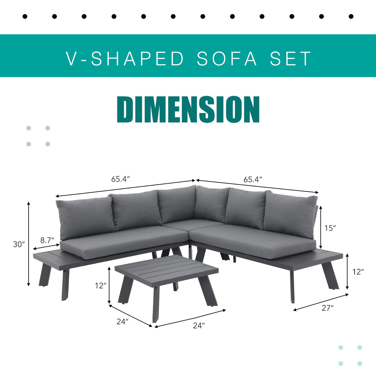 Soleil Jardin 4-Piece Outdoor Patio Furniture Set L-Shaped Aluminum Sectional Sofa with Coffee Table All-Weather Patio Conversation Set with Cushions, Dark-Grey Soleil Jardin