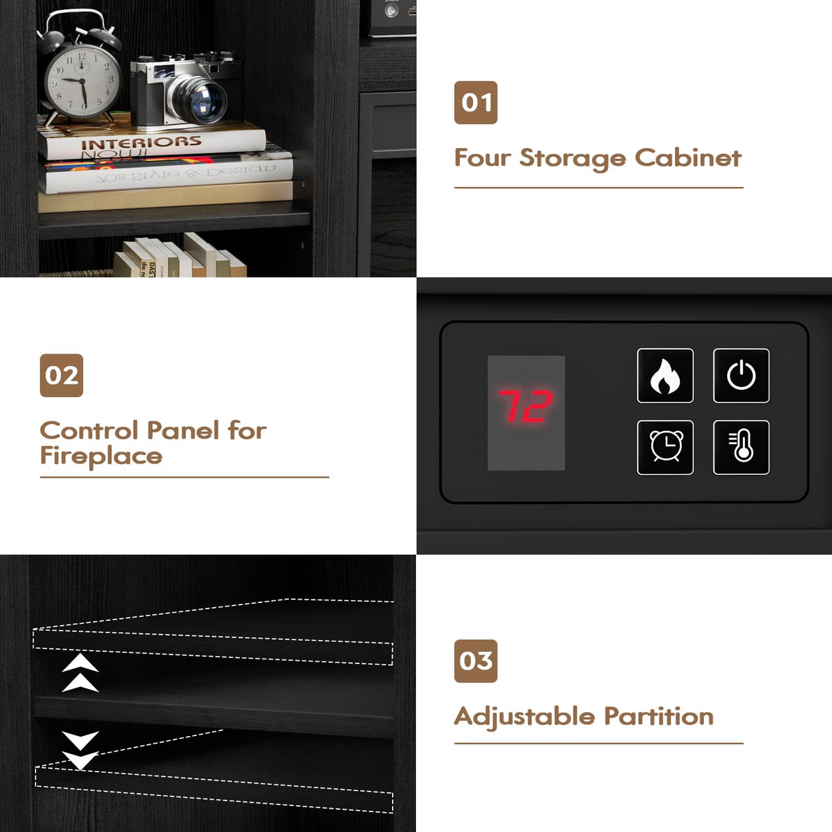 YESHOMY Electric Fireplace TV Stand for Televisions up to 65+ Inch, Media Entertainment Center Console Table with Four Open Storage Shelves & Cabinets, 58 Inch, Black YESHOMY