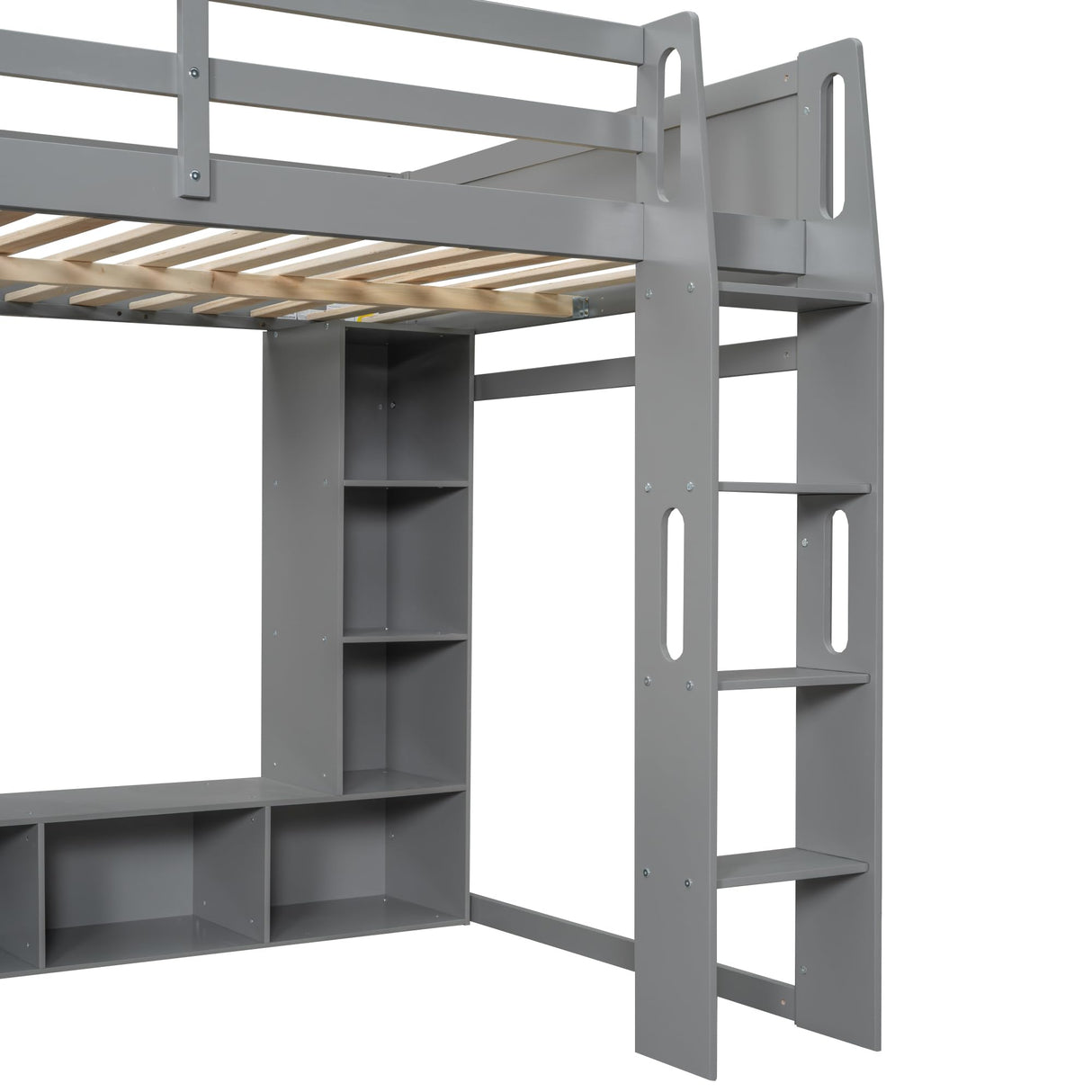 Ball & Cast Gaming Loft Bed Full Size,with Desk and Multi-Storage Shelves,Wood Bedframe Workstation w/LED & a Hanging Clothes Rack,Cabinets,Ladder,Full-Length Guardrails,Furniture for Apartment,Gray Ball & Cast