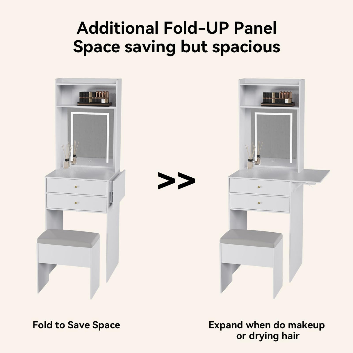 ARTETHYS Small Vanity Desk Set with 3 Adjustable Lighted Mirror and Storage Chair, Makeup Vanity Table for Small Space, White Dressing Table with Fold-up Panel for Bedroom ARTETHYS