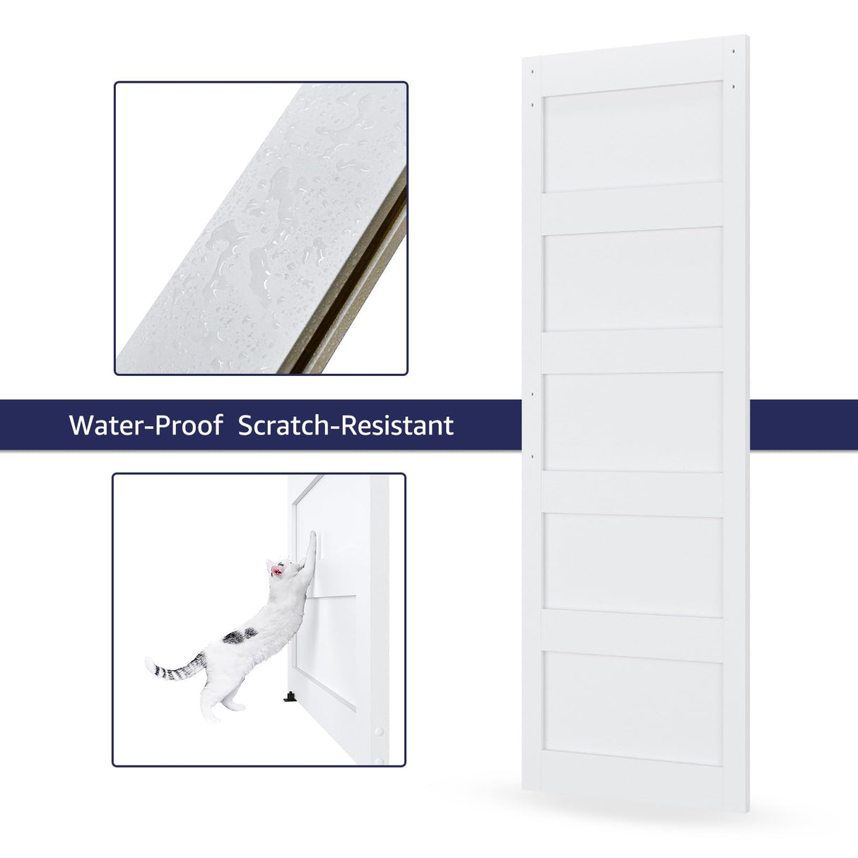 COSHOMER 32in x 84in Sliding Barn Door with 6ft Barn Door Hardware Kit & Handle, Pre-Drilled Holes Easy Assembly -Solid Barn Door Slab Covered with Water-Proof PVC Surface, White, 5 Panel COSHOMER