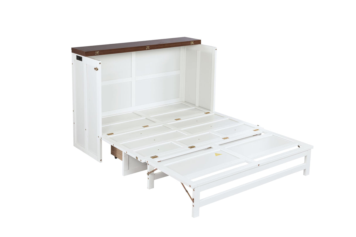 PVWIIK Full Size Murphy Bed with Large Storage Drawer for Guest Room Home Office, Wood Platform Bed Frame w/USB Ports & Charging Station,White PVWIIK