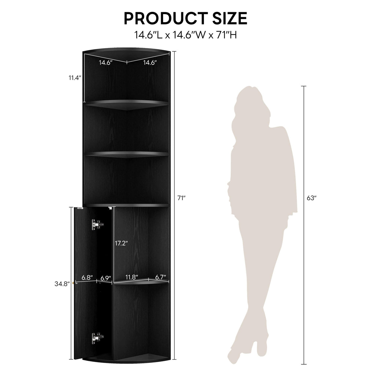 IRONCK 71" Tall Corner Cabinet with Doors, 5-Tier Open Bookcase and Bookshelf, Freestanding Display Storage Shelves Tall Bookcase for Bedroom, Living Room and Office, Black IRONCK
