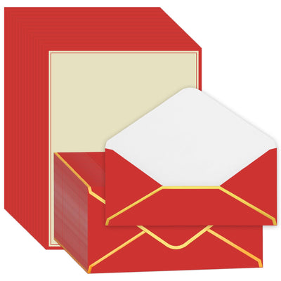 JarThenaAMCS 60Pcs Christmas Stationery Letterhead Paper Set Red Border Letter Writing Paper with Red Gold Envelopes for Xmas Greeting Card Invitation Office Printing, 8.5" x 11"
