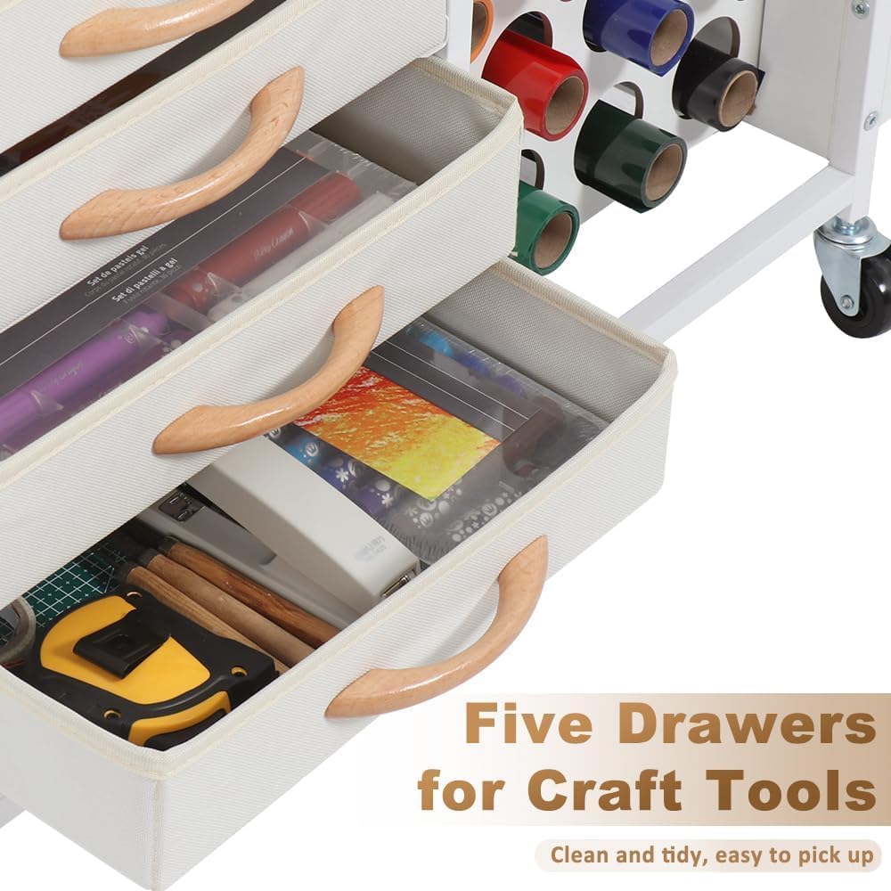 LUCKUP Organization and Storage Craft Table for Cricut Machines, Rolling Cart Cabinet with 28 Vinyl Roll Holders and 5 Drawers, Heat Press Stand Crafting Storage Cart with Hooks LUCKUP