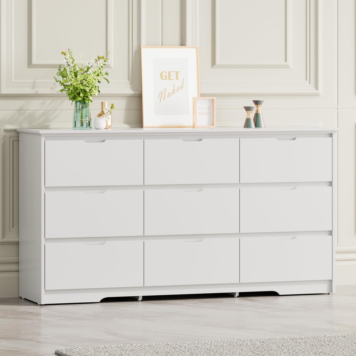 CARPETNAL 9 Drawer White Dresser for Bedroom with Deep Drawers, Large Dressers & Chest of Drawers Handle Free, Modern Long Dressers for Closet Bedroom, Living Room (59.25" W x 15.9" D x 31.9" H) CARPETNAL