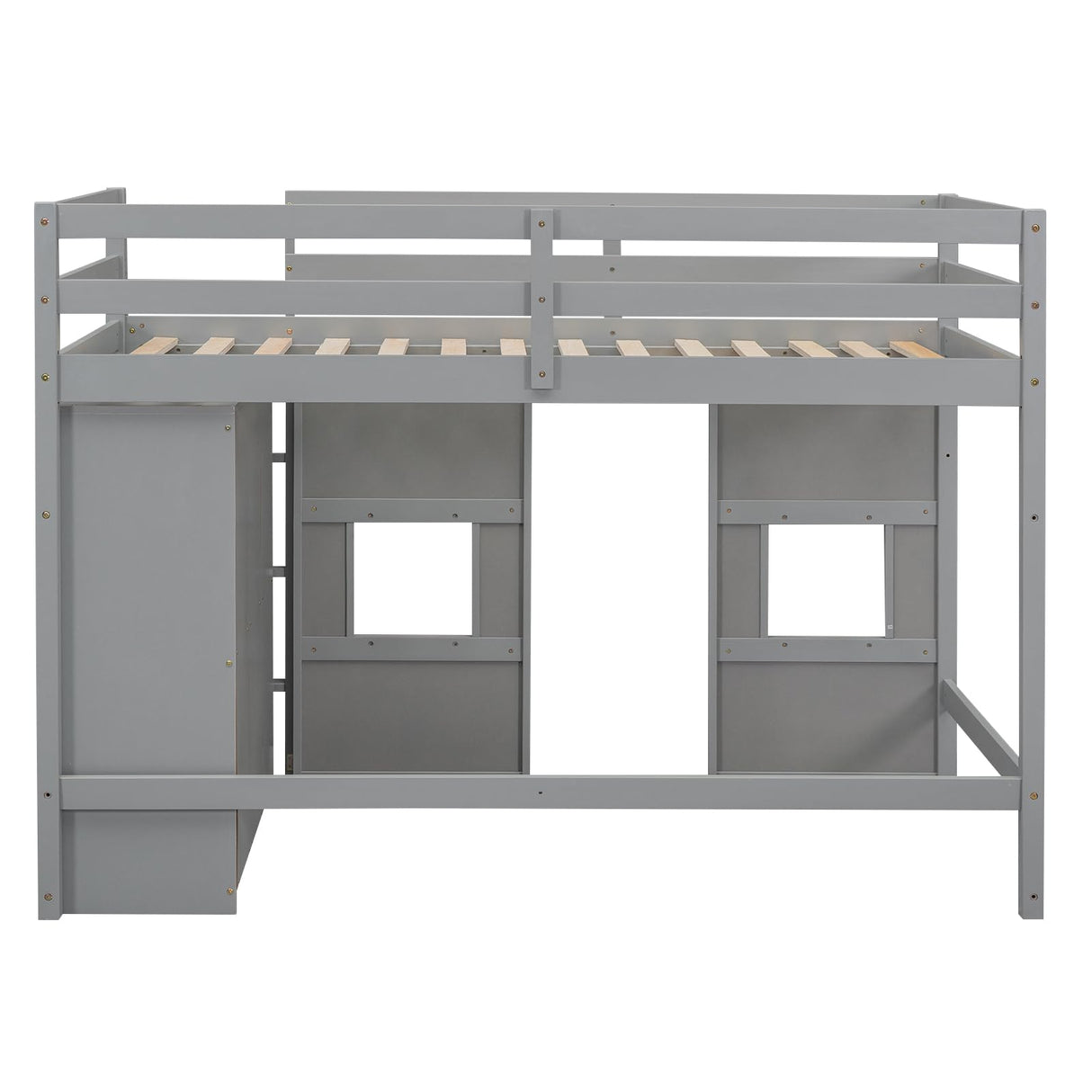 Merax Wood Loft Bed Twin Size with Storage Wardrobe, 2 Windows Design, for Teens, Boys & Girls, Grey Merax