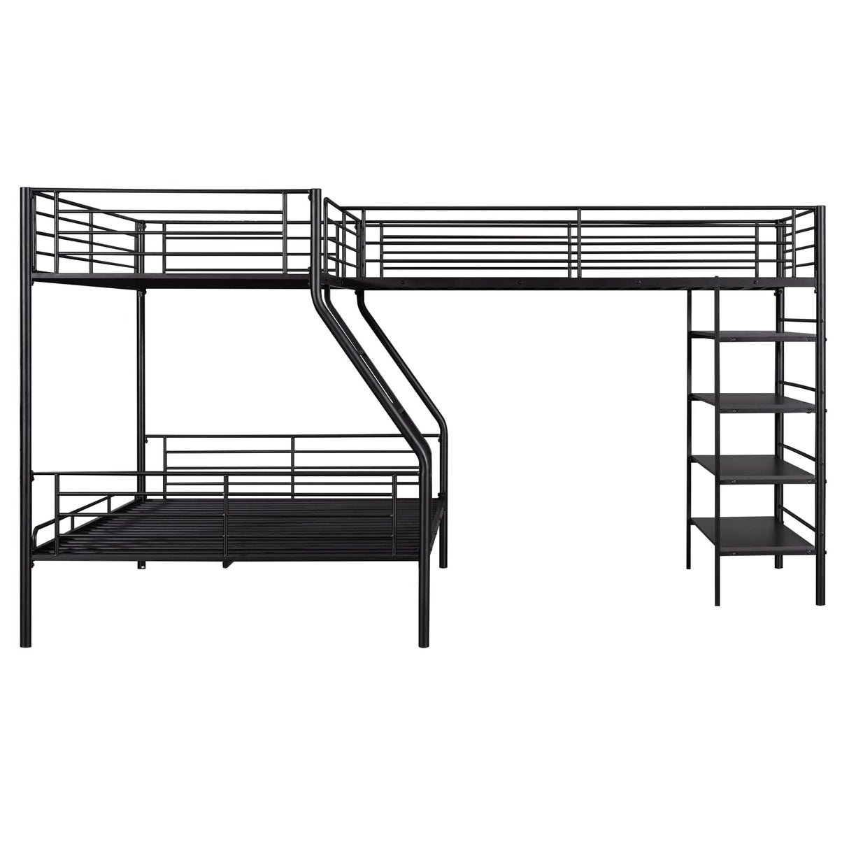 Triple Bunk Beds, L-Shape Twin Over Full Bunk Bed Attached a Loft Bed with Desk, Triple Bunk Beds with Slide, Metal Corner Bunk Bed Frame for Three Kids Boys Girls Teens, Antique Black Bellemave