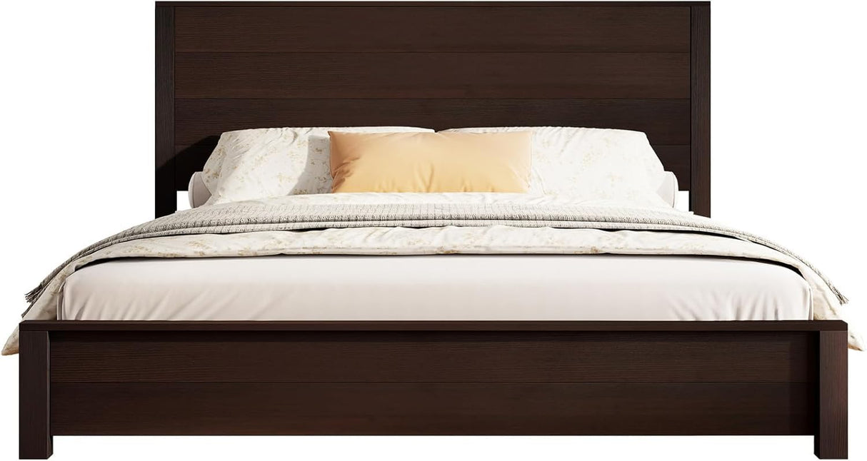 LUXOAK King Size Wood Platform Bed, Rustic Bed Frame with 51.2" Tall Slatted Headboard, Wooden Slats & Metal Support, No Box Spring Needed/Noise Free, Easy Assembly, Espresso LUXOAK