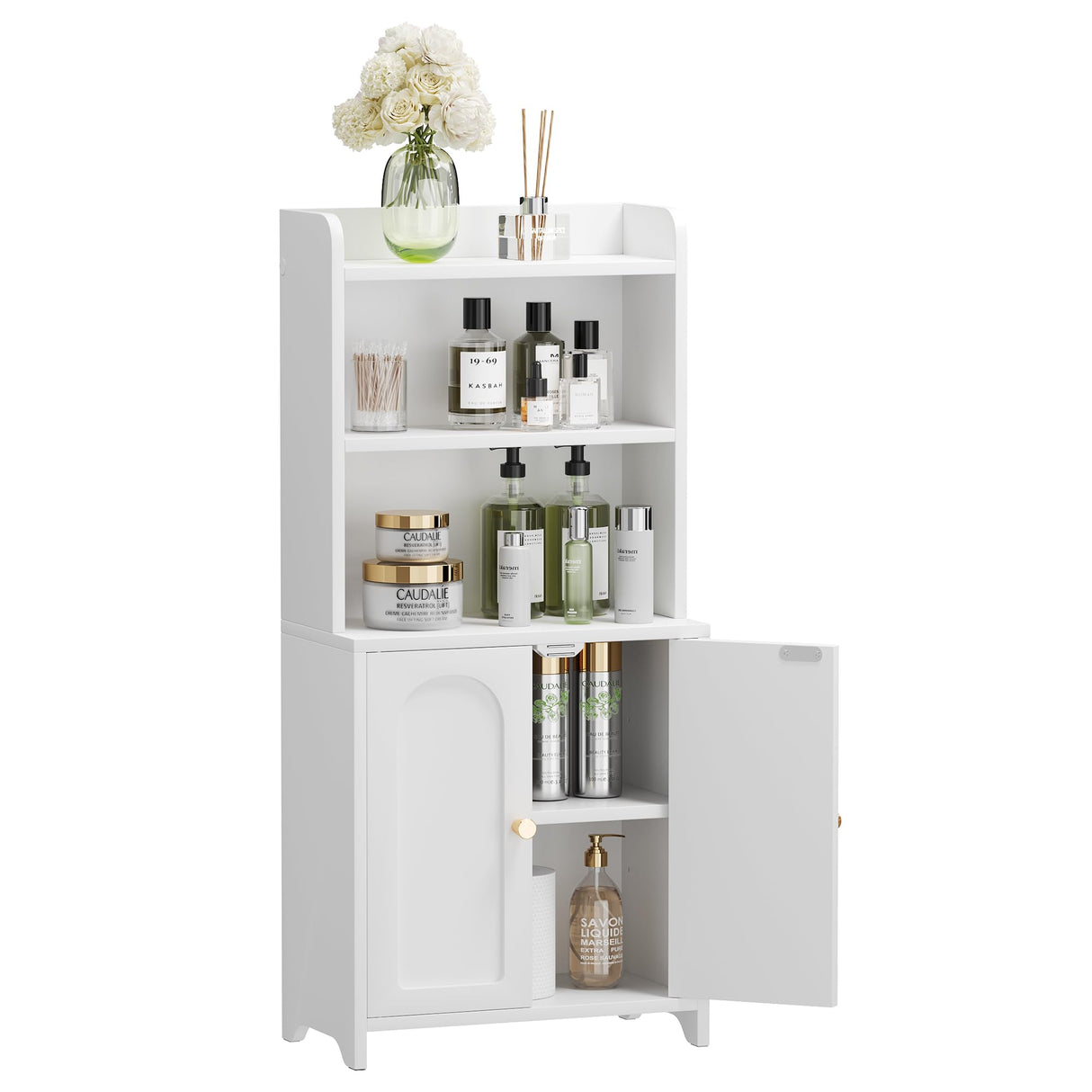GLANZALANT Bathroom Cabinet with 2 Doors, Small Freestanding Storage Cabinet with Adjustable Shelf, Slim Bathroom Organizers, Floor Cabinet for Small Spaces, Bathroom, 7.9" D x 14.7" W x 32" H, White GLANZALANT