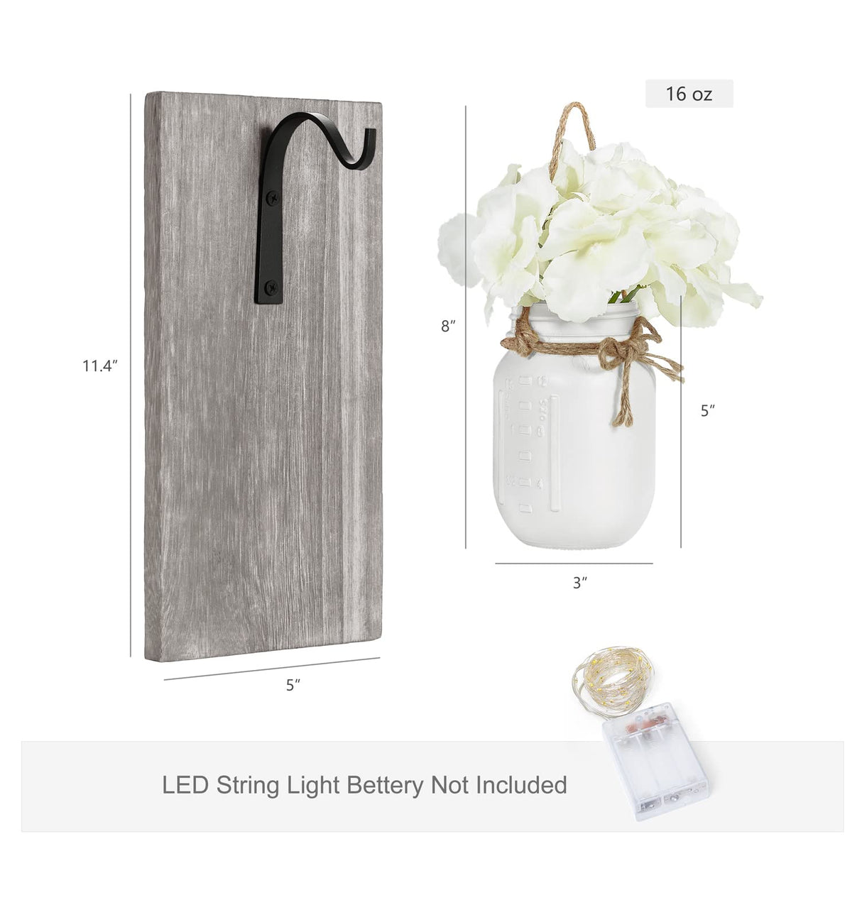 Mkono Wall Sconces Rustic Sconces Set of 2 Farmhouse Mason Jars Bathroom Decor Wood Boards with Fairy Lights and Flowers Fall Wall Decor for Home Kitchen Living Room, White Mkono