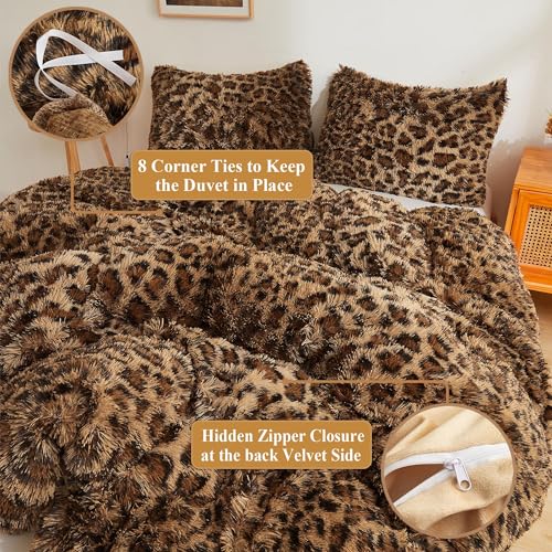 XeGe Cheetah Print Fluffy Faux Fur Duvet Cover Set, 3 Pieces Soft Plush Shaggy Fuzzy Bedding Set(1 Faux Fur Leopard Print Comforter Cover + 2 Furry Pillowcases), Zipper Closure(Queen, Brown) XeGe