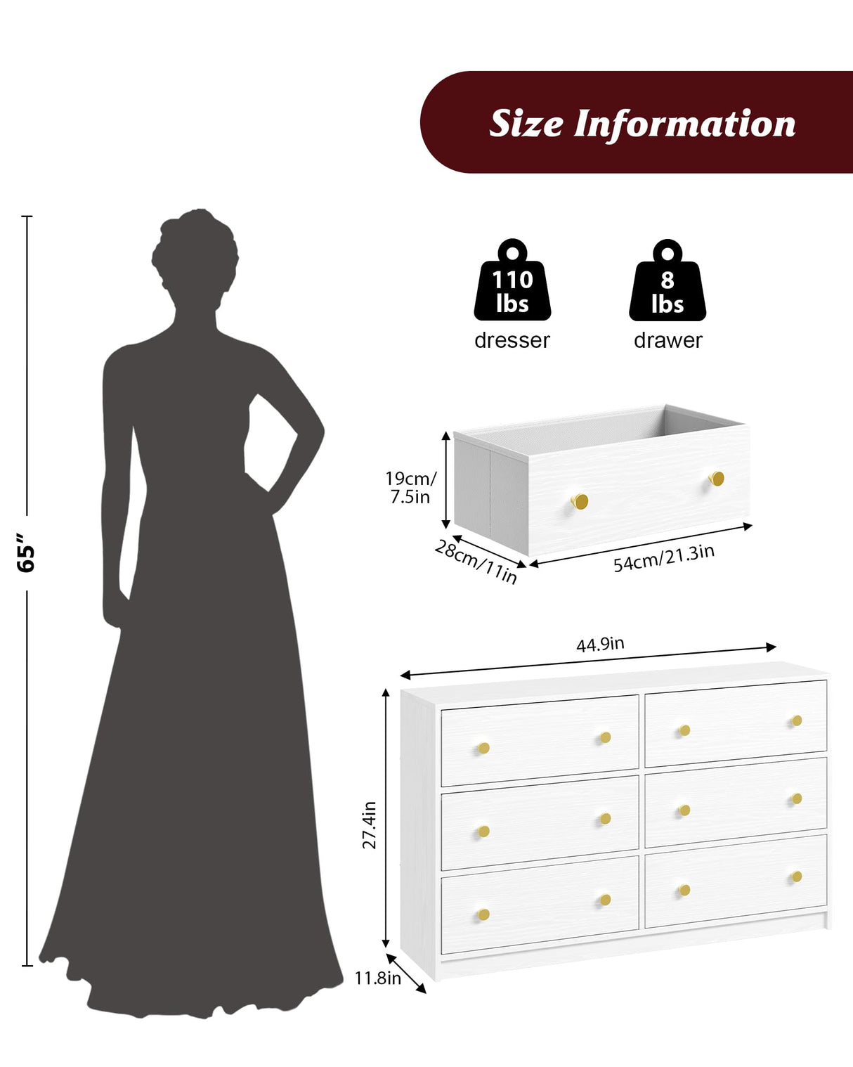 Nicehill Dresser for Bedroom with 6 Drawers, Fabric Storage Tower & Chest of Drawers Organizer, Storage Cabinet for Hallway, Closets, Living Room,White Dresser Wooden(White) Nicehill