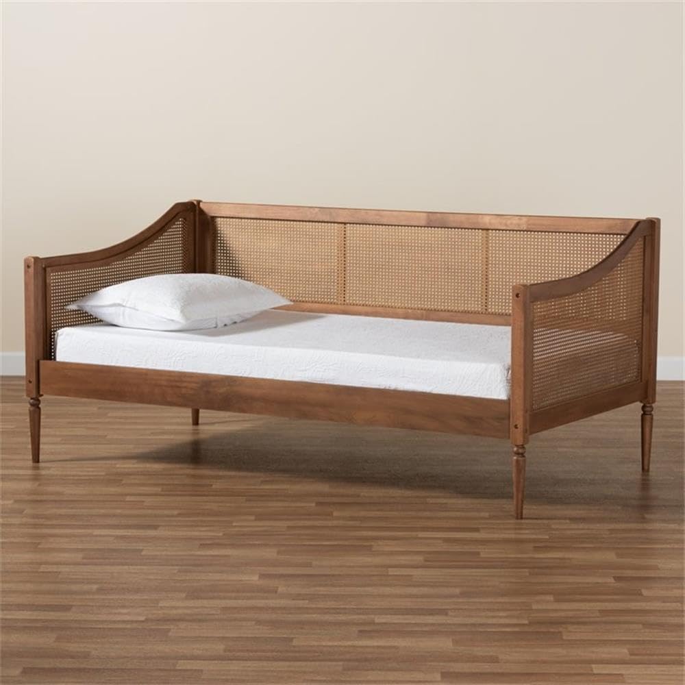 Baxton Studio Ogden Mid-Century Modern Walnut Brown Finished Wood and Synthetic Rattan Twin Size Daybed Baxton Studio