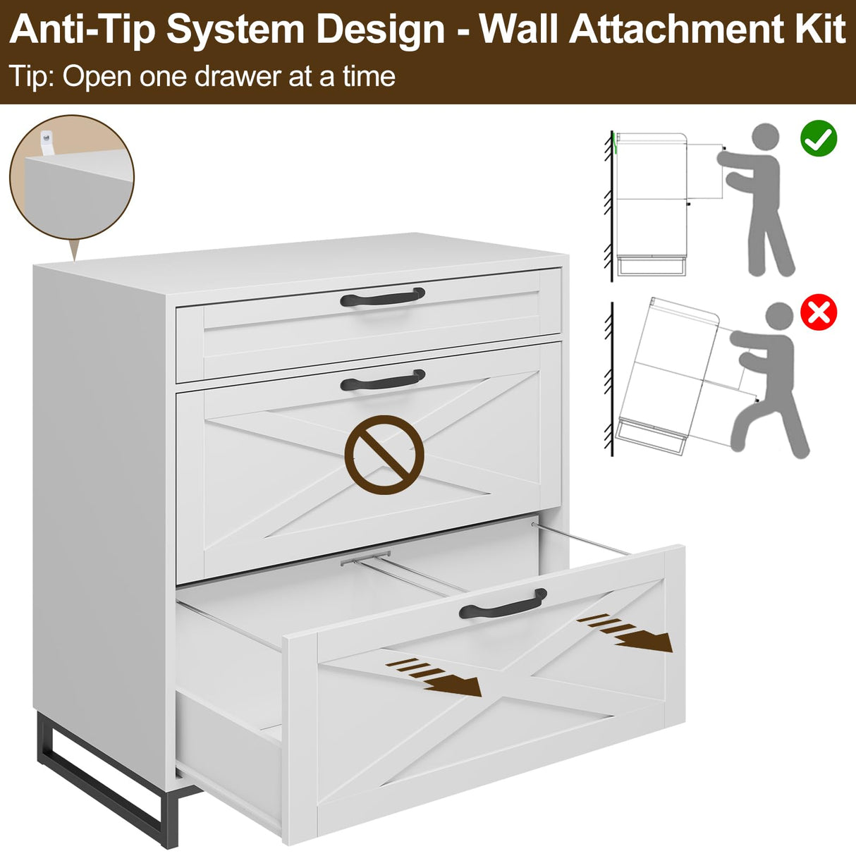 Lateral File Cabinet with 3 Drawers, Modern Farmhouse File Cabinet for Legal/Letter/A4 Size Hanging Files, Printer Stand Large Wood Home Office, White Vabches