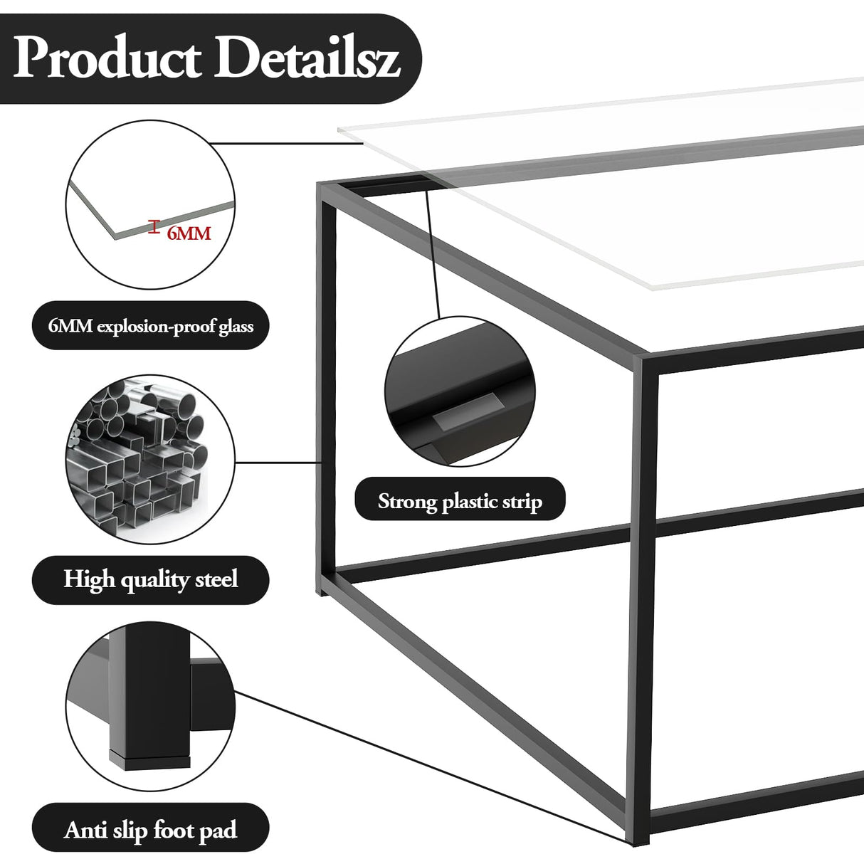 Black Glass Coffee Table for Living Room,Square Coffee Tables for Small Spaces,Simple Tea Cocktail Modern Center Tables, Living Room Tables,Easy Assembly,26 * 26in(Black & Clear Glass) Adompacat