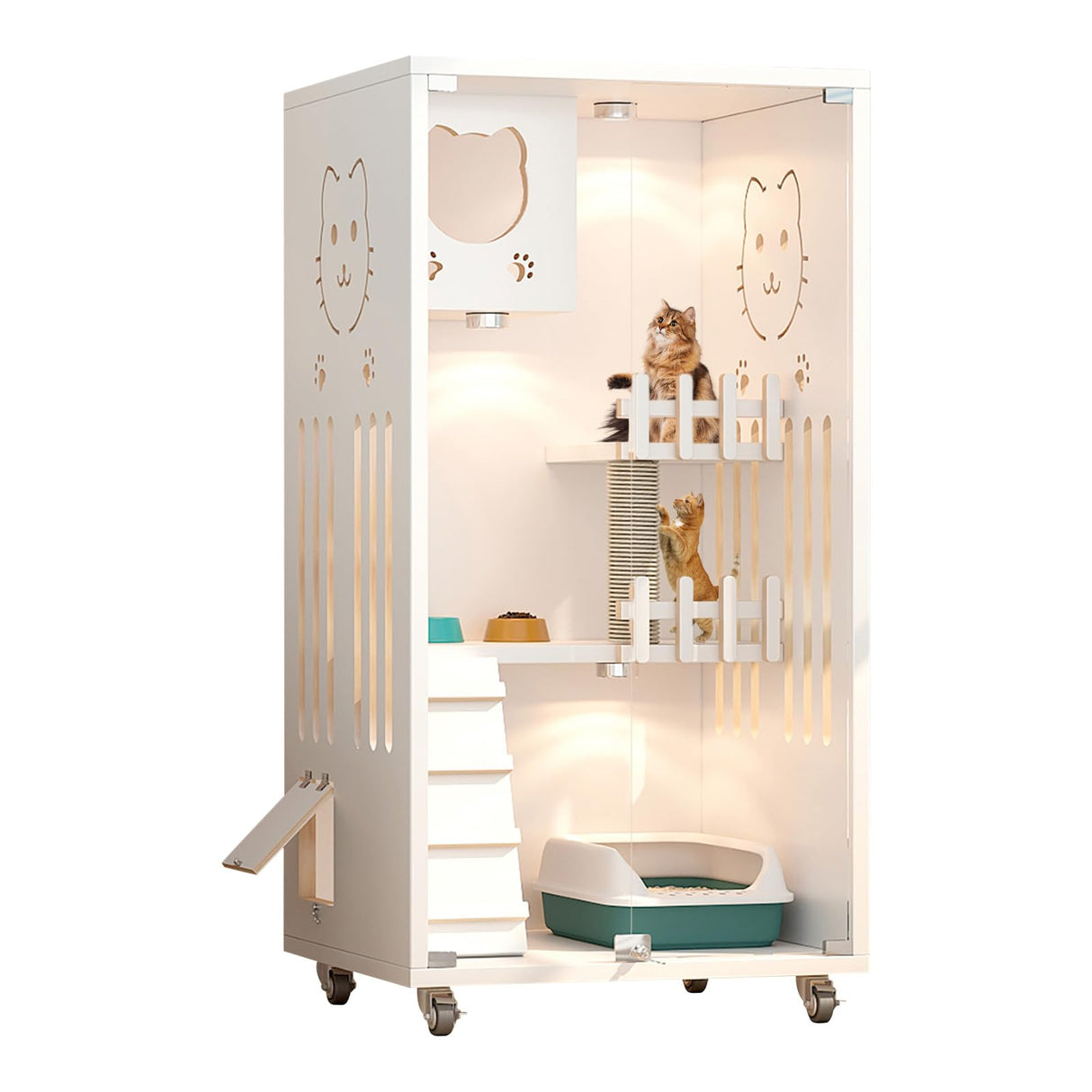 Wooden Cat House Large Space, Enclosed Cat Condo, Indoor/Outdoor Cat Enclosure with Wheels, Multi-Feature Luxury Cat Villa for Cats Ventilation Glass Doors,50" X 24" X 24" (White, 50" X 24" X 24") TMGSK