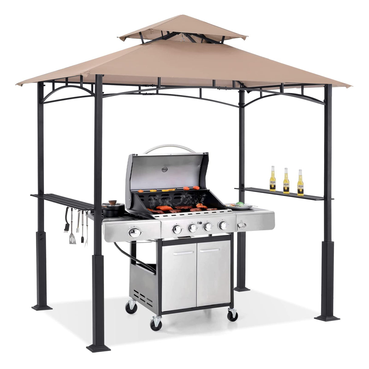ABCCANOPY 8x5 Grill Gazebo - Outdoor BBQ Canopy Shelter with Led Light for Patio Backyard Grilling (Khaki) ABCCANOPY