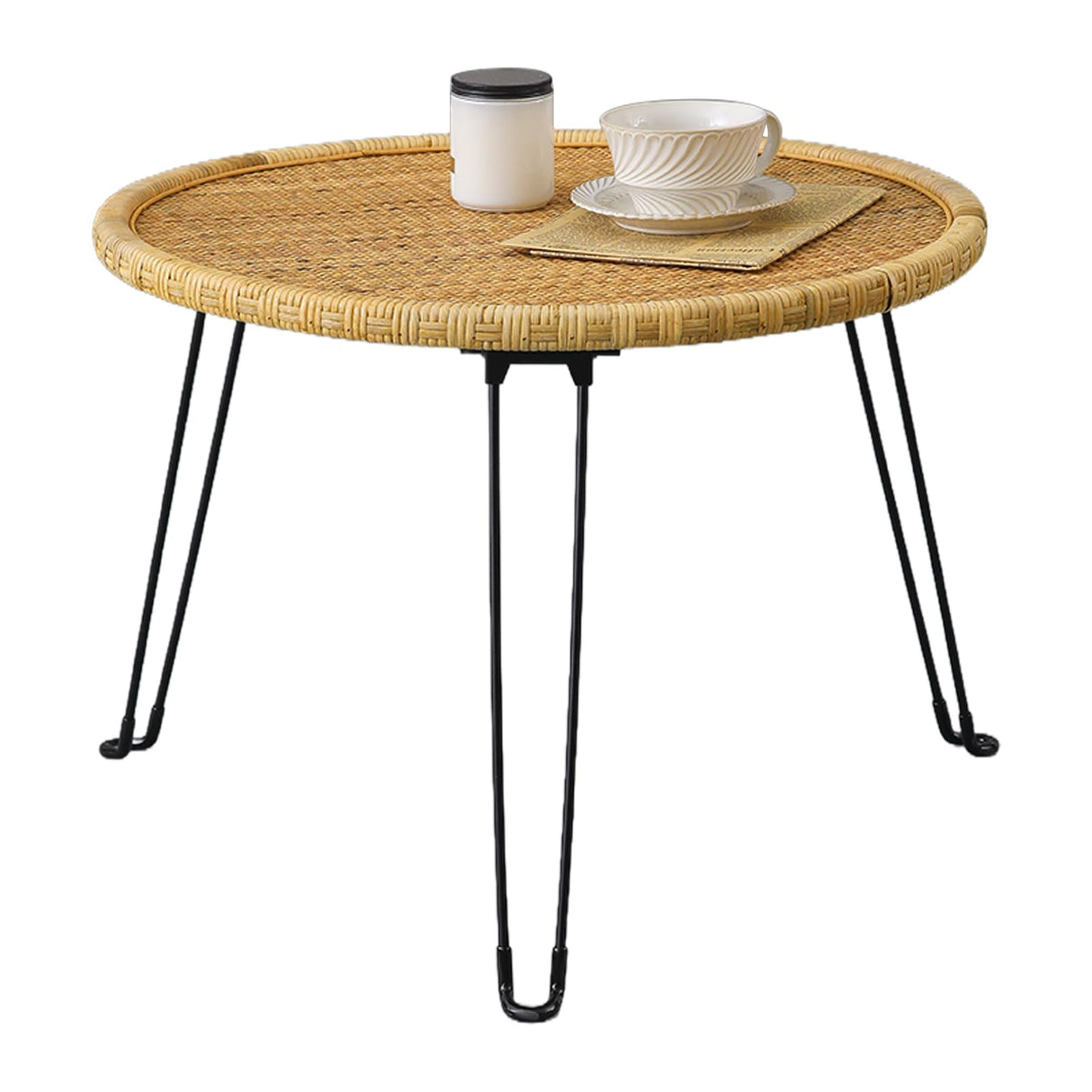 XQXJJZSP Boho Living Room Round Coffee Table 24 X 18 Inch, Handmade Decorative Coastal Wicker Side Tables, Foldable Rattan End Tables Bedroom Balcony Couch