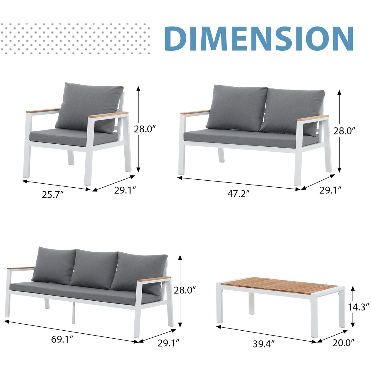 JOIVI Aluminum Patio Furniture Set 5 Pieces Outdoor Conversation Set with Teak Coffee Table & Cushion, Outdoor Patio Furniture Sectional Patio Sofa Outside Furniture for Deck, Backyard, White JOIVI