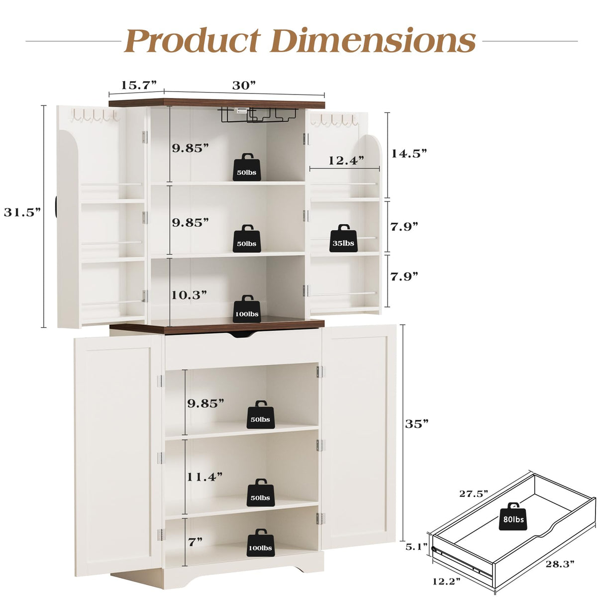 SYESWAY Kitchen Pantry Cabinet, 71”Tall Storage Cabinet with Glasses Rack, 10 Hooks, 6 Door Shelves, Freestanding Cupboard with Barn Doors, Pantry Cabinets for Kitchen, Dining Room, White SYESWAY