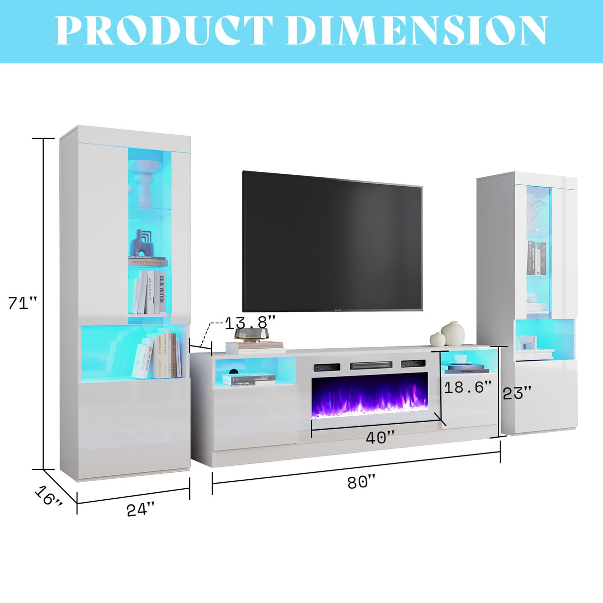 AMERLIFE Modern Highgloss Fireplace Entertainment Center Set, Includes 80" Fireplace TV Stand & 2 LED Highlight Bookcases, Fireplace Storage Cabinets for TVs up to 90", White AMERLIFE
