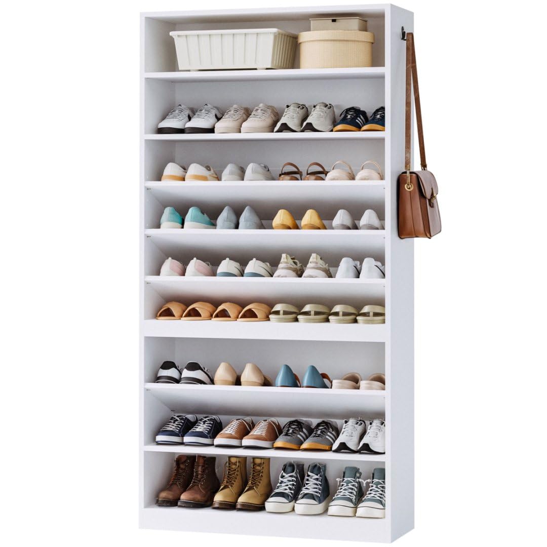 IRONCK Shoe Storage Cabinet, 10-Tier Shoe Organizer for Closet Entryway, Wooden Shoe Rack Holds 36 to 52 Pairs, Adjustable Shelves & Hook, Entryway Furniture Shoe Cabinet IRONCK