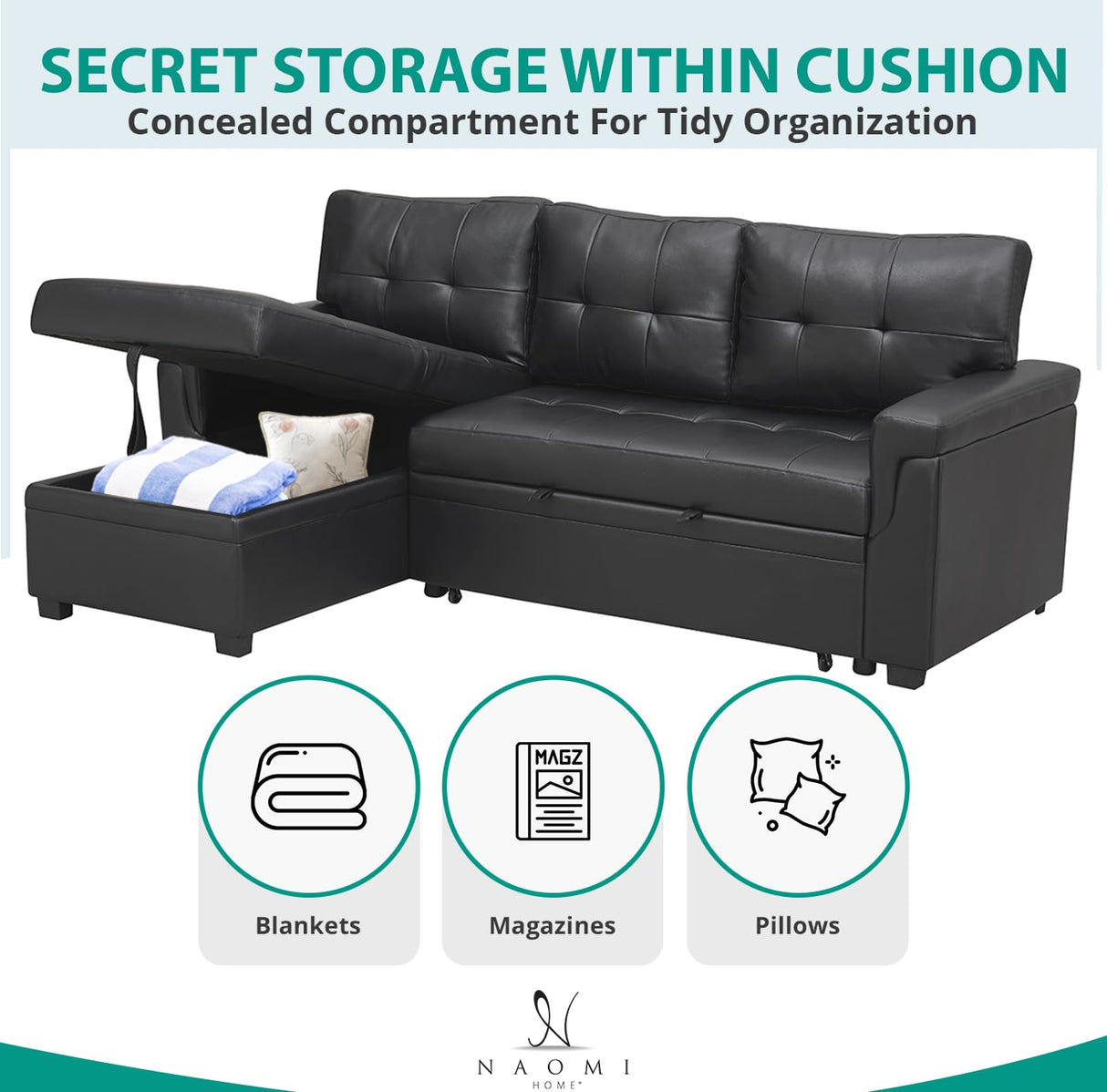 Naomi Home Jenny Sectional Sofa Sleeper with Storage Chaise, Tufted Pull Out Couch with Storage, Sectional Sofa Bed, L-Shaped Reversible Sleeper Sofa with Storage, Black,Air Leather Naomi Home