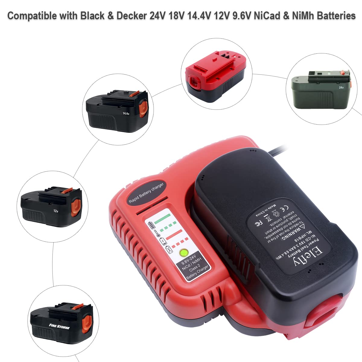 Elefly BDFC240 Battery Charger Compatible with Black and Decker 18V 14.4V 12V 9.6V 24V NiCD NiMH Battery HPB18 HPB18-OPE HPB14 HPB12 HPB96 HPB24, Compatible with Black and Decker 18V Charger ELEFLY