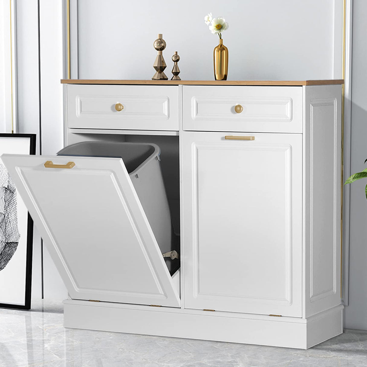 Anbuy Double Kitchen Trash Cabinets Dual Tilt Out Cabinet with Two Wood Hideaway Holder Drawers, Free Standing Recycling Trash Can Holder (Upgrade White) Anbuy