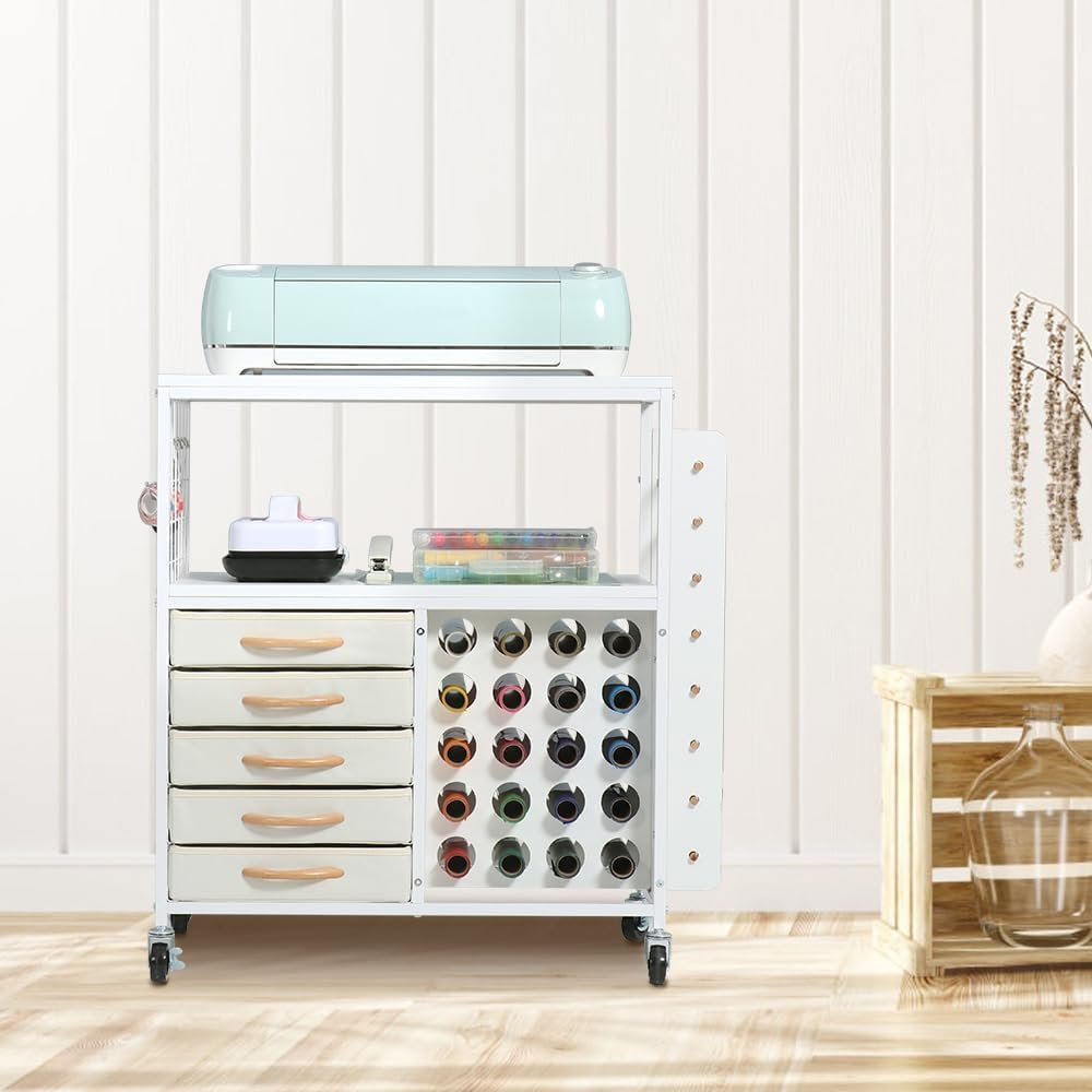 LUCKUP Organization and Storage Craft Table for Cricut Machines, Rolling Cart Cabinet with 28 Vinyl Roll Holders and 5 Drawers, Heat Press Stand Crafting Storage Cart with Hooks LUCKUP