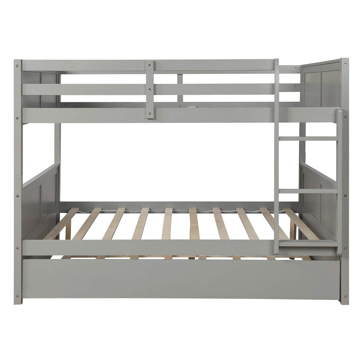 KLMM Full Over Full Bunk Bed with Trundle, Solid Wood Bunk Bed with Ladder and Safety Guard Rail, Can Accommodate 5 Person, Apply to Bedroom/Dormitory (Gray) KLMM