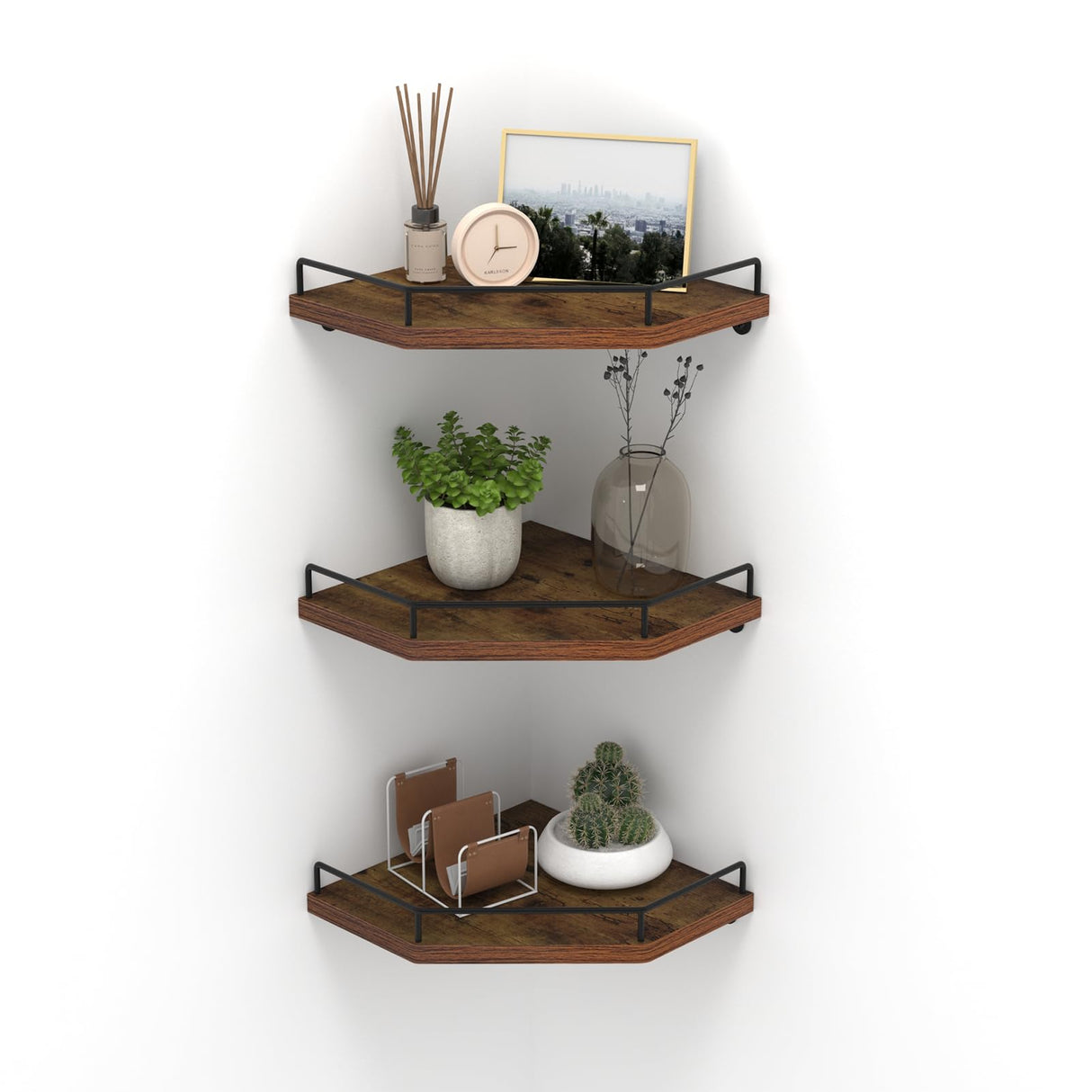 HORLIMER Floating Corner Shelf Wall Mount, 3 Pack Rustic Wood Corner Wall Shelves with Fence for Bedroom, Bathroom, Kitchen, Living Room, Brown HORLIMER