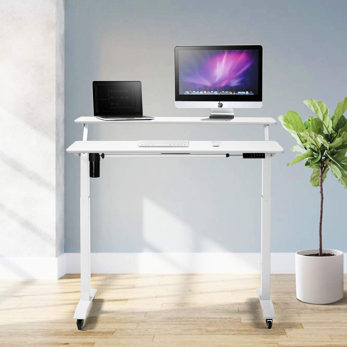 UNICOO - 2 Tier Electric Height Adjustable Standing Desk with Wheels, Electric Mobile Standing Workstation, Sit Stand Desk Home Office Desk Whole-Piece Desk Board 48 * 24 in (KT1002-WW) 2Tier UNICOO